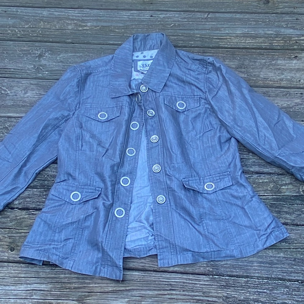 Live a Little silver shiny grey fitted jean jacket sz XL large snap buttons